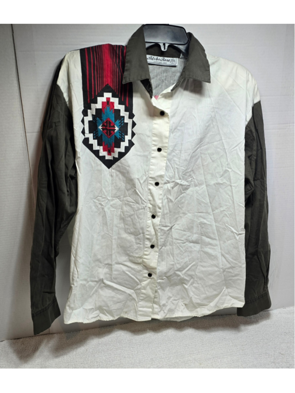 Women's Adobe Rose Western Button Down Shirt Medium White Black Southwest Print